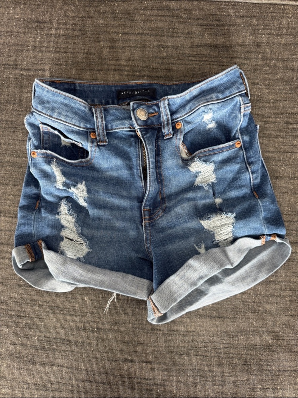 Aeropostale Distressed Rolled-Hem Denim Shorts - Blue